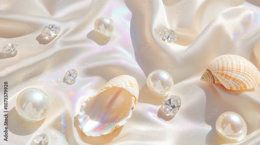 3D pearls seashells conches and diamonds scatter on beach beige white silk fabric glossy shiny background with copy space. fashion romantic jewellery holographic elegant luxury wallpaper 3D pearls seashells conches and diamonds scatter on beach beige white silk fabric glossy shiny background with copy space. fashion romantic jewellery holographic elegant luxury wallpaper