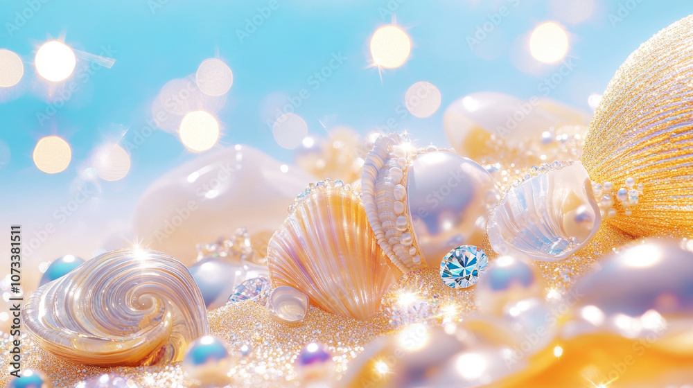 3D pearls seashells conches and diamonds scatter on beach babyblue silk fabric glossy shiny background with copy space. fashion romantic jewellery holographic elegant luxury wallpaper 3D pearls seashells conches and diamonds scatter on beach babyblue silk fabric glossy shiny background with copy space. fashion romantic jewellery holographic elegant luxury wallpaper