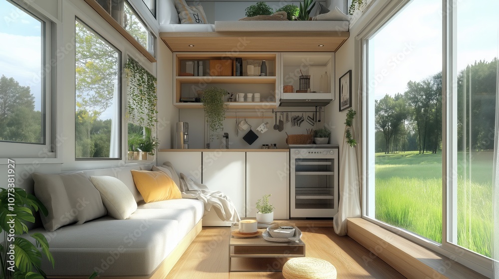 A small, cozy living room with a couch, coffee table, and potted plants A small, cozy living room with a couch, coffee table, and potted plants