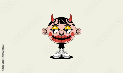 Quirky character with horns, large eyes, and wide smile.