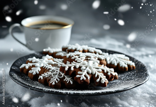 Christmas still life with a plate of gingerbread cookies and a cup of coffee or tea in the background, Generative AI