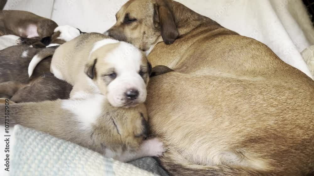 Adorable puppies snuggling closely and peacefully with their loving mother in comfort Adorable puppies snuggling closely and peacefully with their loving mother in comfort