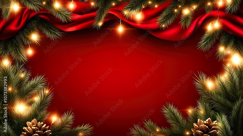 Christmas Garland with Pinecones Red Background and Golden Holiday Lights