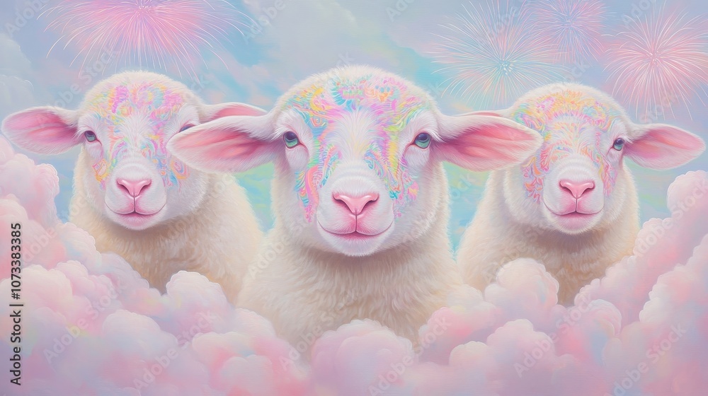 Three sheep with colorful paint on their faces are standing in front of a pink Three sheep with colorful paint on their faces are standing in front of a pink