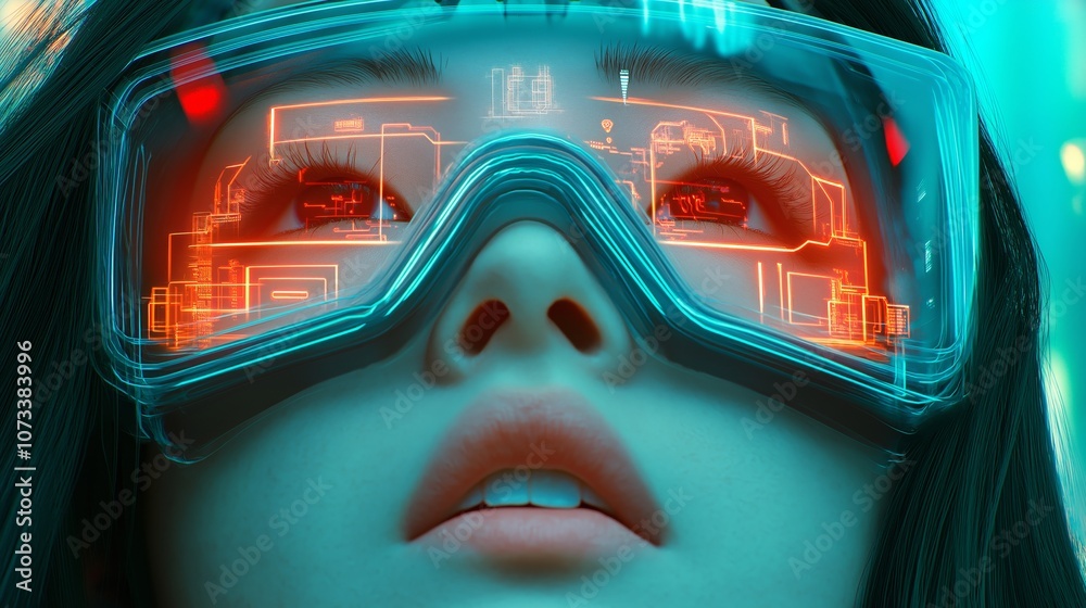 Girl in hi-tech VR glasses with elements of artificial intelligence. Background in a high-tech style. Shining lines resembling neural networks, connections, and digital circuits. Girl in hi-tech VR glasses with elements of artificial intelligence. Background in a high-tech style. Shining lines resembling neural networks, connections, and digital circuits.
