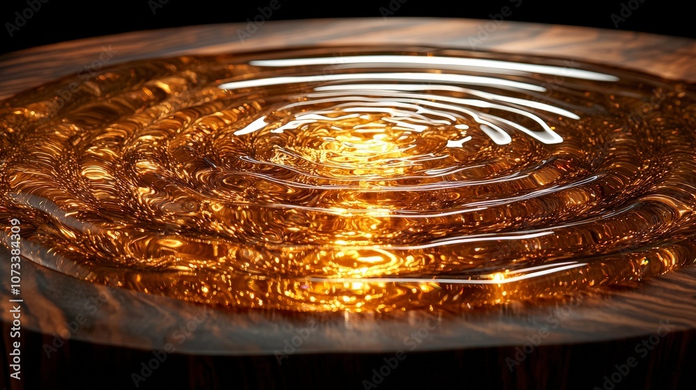 A close-up of rippling amber liquid on a wooden surface, creating a tranquil effect.