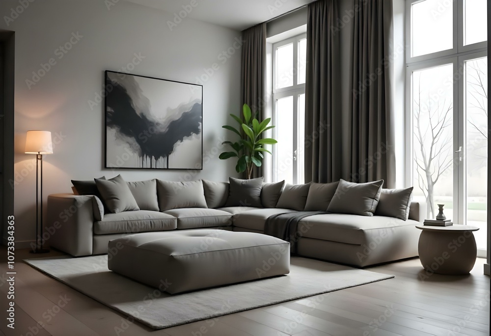 A modern and minimalist living room with a large gray sectional sofa, round ottomans, and a large abstract painting on the wall. A modern and minimalist living room with a large gray sectional sofa, round ottomans, and a large abstract painting on the wall.