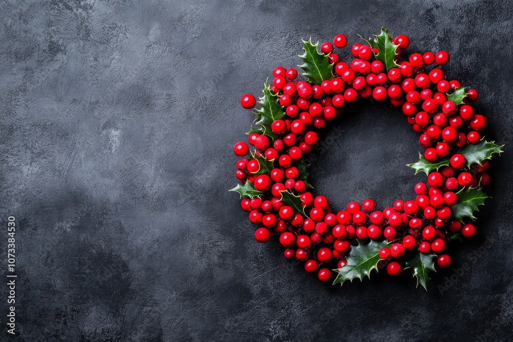 Berry filled holiday wreath of bright red clusters and green holly leaves on a textured gray backdrop symbolizing festive vibrancy and simplicity Berry filled holiday wreath of bright red clusters and green holly leaves on a textured gray backdrop symbolizing festive vibrancy and simplicity
