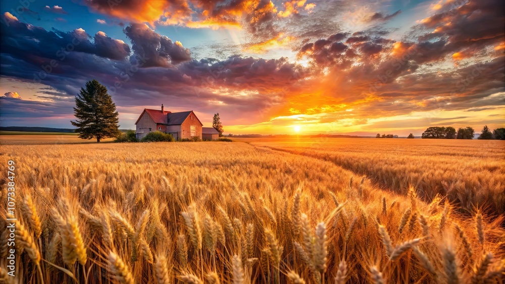 Fototapeta premium A solitary farmhouse stands amidst a golden field of wheat, bathed in the warm glow of a vibrant sunset, with clouds painted in hues of orange, purple, and blue.