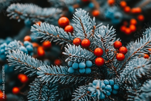 Contemporary pine wreath with turquoise berries and fir branches on a vibrant blue background showcasing modern holiday design with a pop of color photo