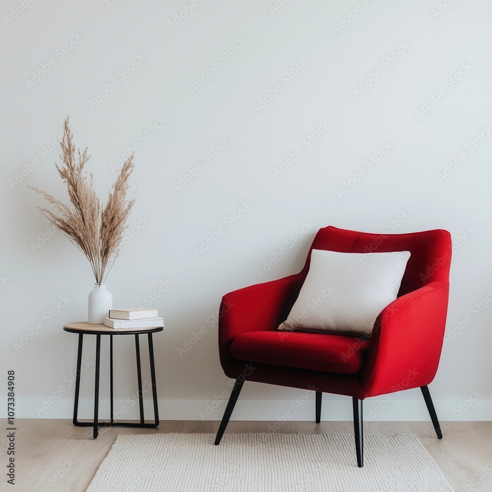A stylish red armchair with a white pillow, next to a side table with a vase and books. A stylish red armchair with a white pillow, next to a side table with a vase and books.