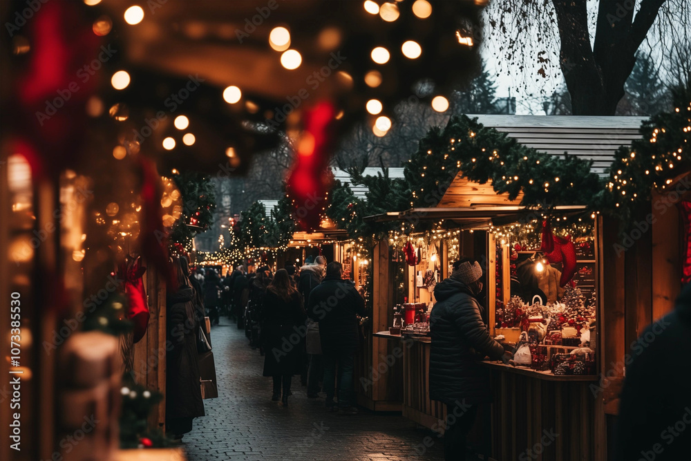 Stände auf Weihnachtsmarkt in Deutschland am frühen Abend Stände auf Weihnachtsmarkt in Deutschland am frühen Abend
