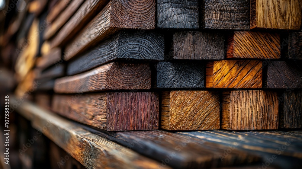 A close-up of stacked wooden planks showcasing various textures and colors. A close-up of stacked wooden planks showcasing various textures and colors.