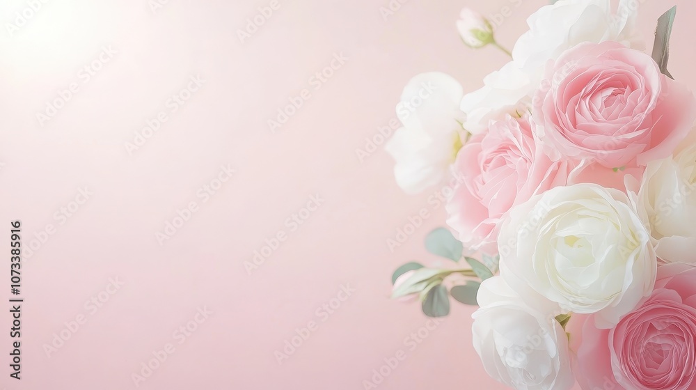 A bouquet of white and pink roses is displayed on a pink background A bouquet of white and pink roses is displayed on a pink background