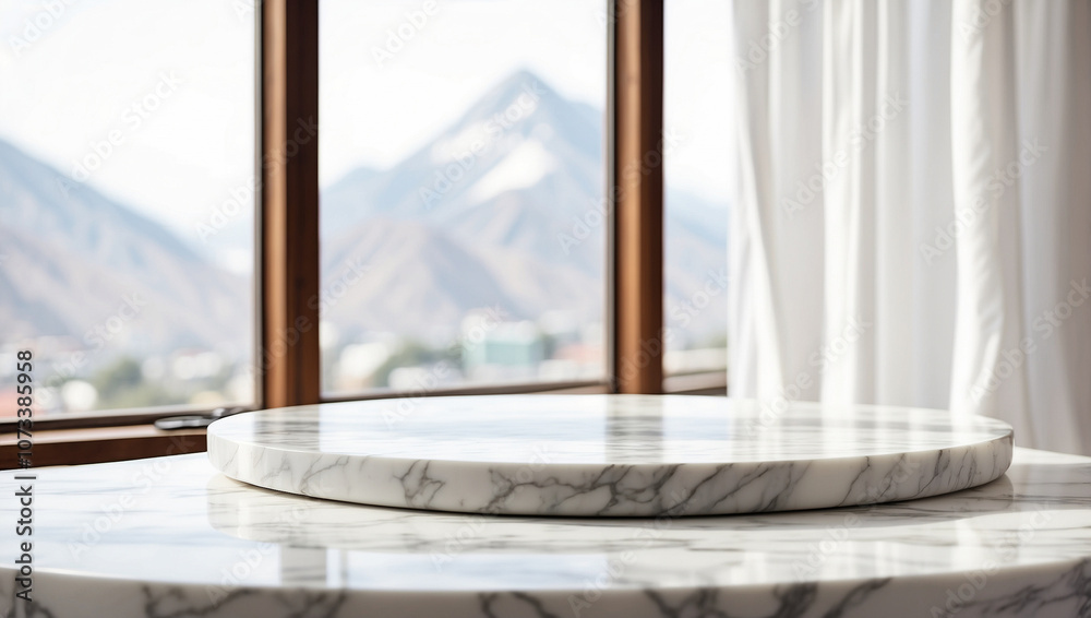 Empty white marble table for product display with window background with white curtain Empty white marble table for product display with window background with white curtain
