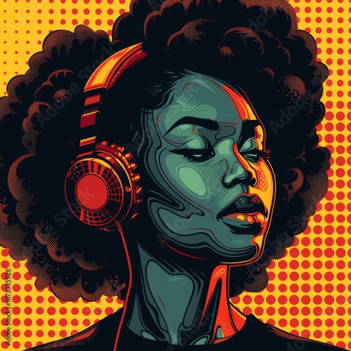 Joyful African American Woman with Afro Wearing Headphones Listening to Music in Vector Style with Orange Halftone Background photo