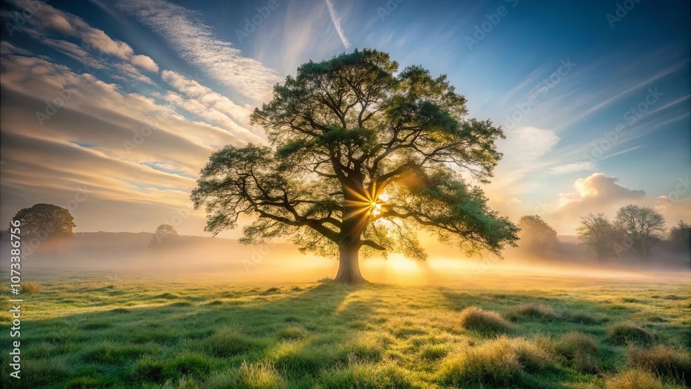 Naklejka premium A Majestic Tree Stands Tall in a Field Bathed in Golden Morning Light, the Sun's Rays Piercing Through Its Branches and Casting Long Shadows on the Dewy Grass