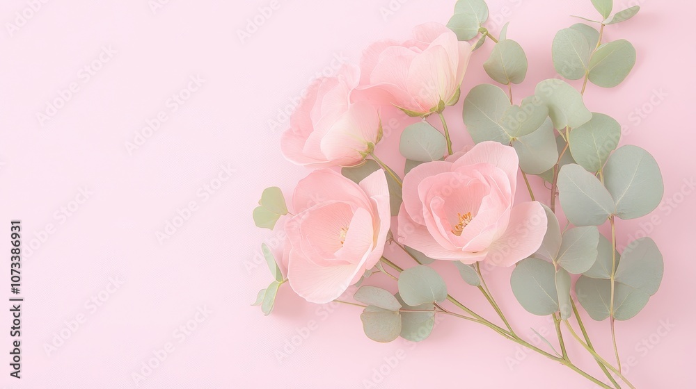Fototapeta premium Pink flowers with green leaves on a pink background