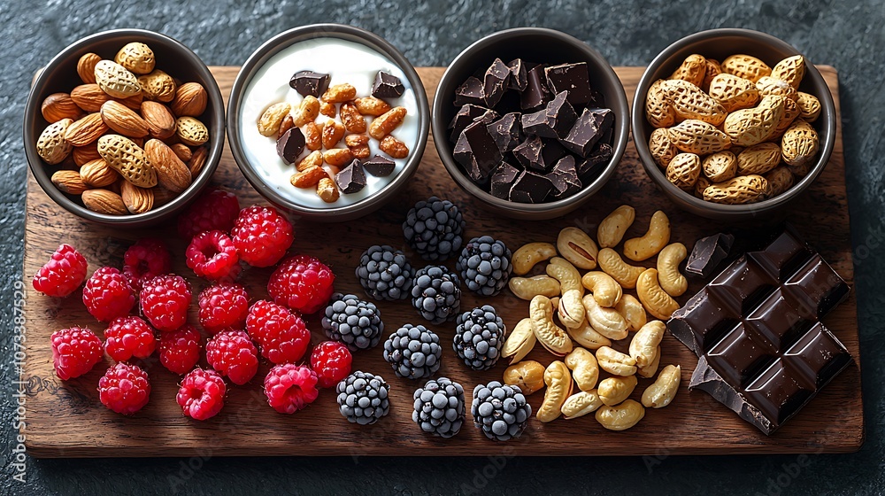 A wooden board with a variety of snacks and desserts including almonds, yogurt, chocolate, berries, and cashews. A wooden board with a variety of snacks and desserts including almonds, yogurt, chocolate, berries, and cashews.
