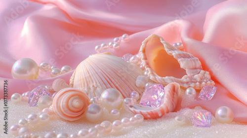 3D pearls seashells conches and diamonds scatter on beach pink white silk fabric glossy shiny background with copy space. fashion romantic jewellery holographic elegant luxury wallpaper