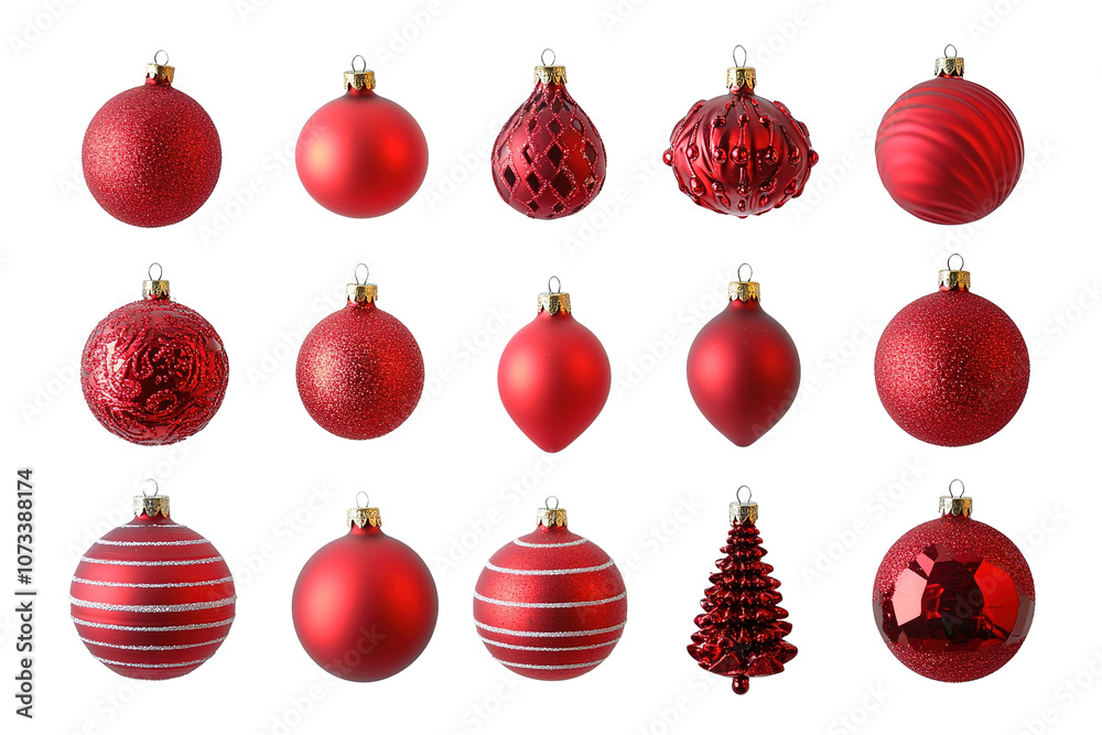 A collection of red glass ornaments, including a tree ornament A collection of red glass ornaments, including a tree ornament