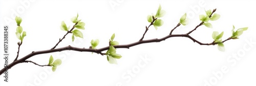 A branch with green leaves is shown in a white background. The branch is long and thin, with many leaves on it. Concept of growth and renewal, as the leaves are fresh and vibrant