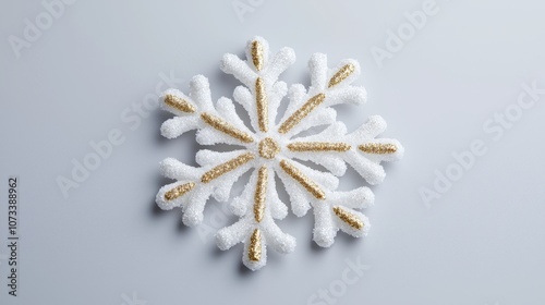 polished snowflake ornament with gold glitter accents, light background, gentle shadows,