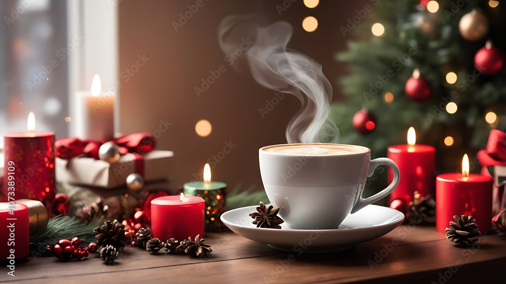 Fototapeta premium A beautiful steaming cup of hot coffee sits on a table. Festive Christmas holiday decorations and defocused lights background.
