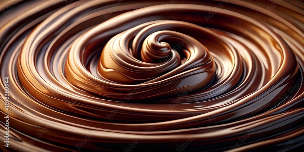 A mesmerizing swirl of rich, dark chocolate, its smooth surface reflecting light, creating a hypnotic pattern of undulating waves.