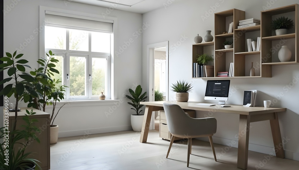 A modern and minimalist home office with a large window, a wooden desk, and shelving units on the wall. A modern and minimalist home office with a large window, a wooden desk, and shelving units on the wall.
