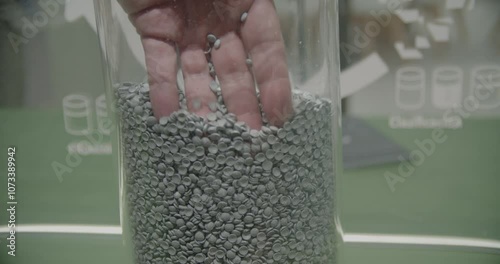 Recycled Plastic Pellets for Manufacturing. Close-up of recycled plastic pellets, showcasing sustainable practices in the manufacturing industry. This image highlights the role of recycled materials.