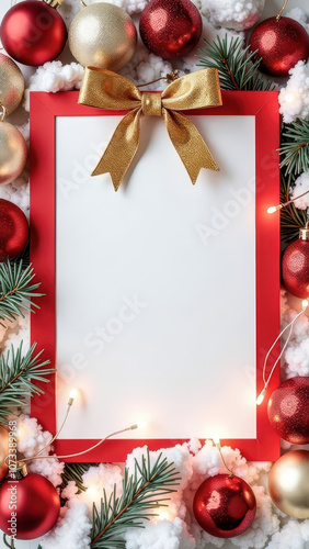 Greeting Card Mockup with New Year Baubles and Pine Branches on Snowy Background in the Snow - Space for Text, Congratulations, New Year, Christmas, Thanksgiving, Advertisement, Invitation, Shop Sale