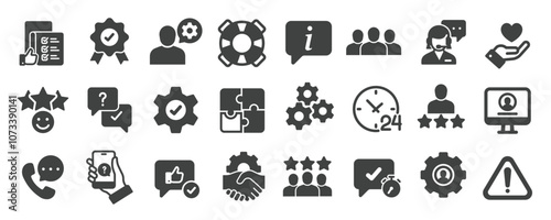 Support and help glyph solid icons collection. Containing information, service, response, chat, feedback etc icons. For website marketing design, logo, app, template, ui, etc. Vector illustration.