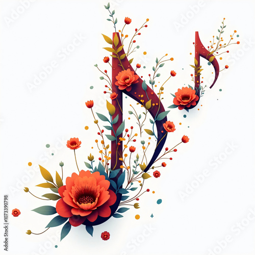A stunning artistic representation of a musical note intertwined with vibrant flowers and delicate flora, celebrating the harmony between nature and music in a visually captivating design