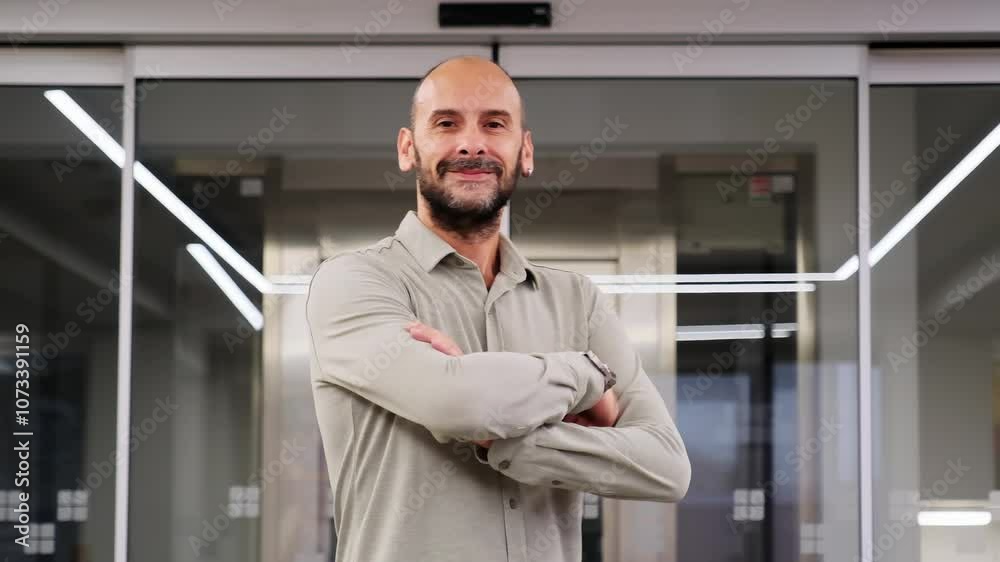 A middle-aged, fair-skinned businessman is in an empty office environment with a blurred background, crossing his arms and smiling as he looks at the camera A middle-aged, fair-skinned businessman is in an empty office environment with a blurred background, crossing his arms and smiling as he looks at the camera