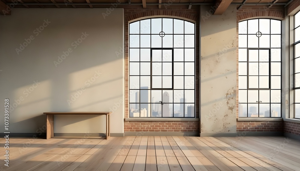 An empty room with a large window, wooden floor, and brick walls An empty room with a large window, wooden floor, and brick walls