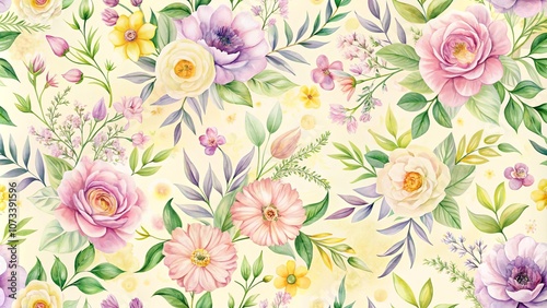 A delicate watercolor floral pattern featuring blooming roses, daisies, and wildflowers on a soft yellow background.