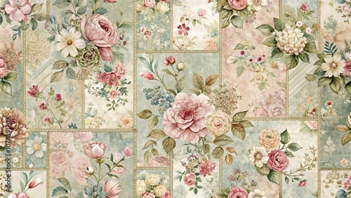 A vintage floral pattern with delicate blooms arranged in a patchwork design, featuring soft pastel hues and intricate details