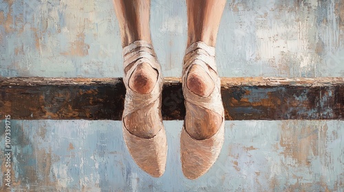 Capture the elegance of a ballerinas arched feet next to a weathered wooden barre, evoking a sense of timeless beauty through detailed oil painting technique