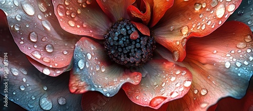 Close-up of a vibrant red flower with water droplets on its petals.
