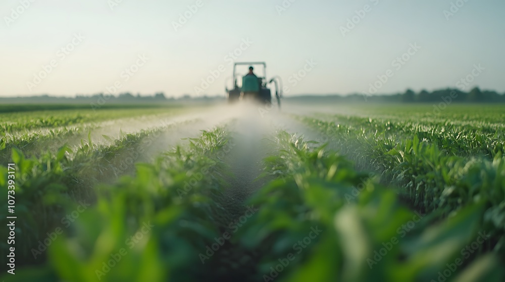 Fototapeta premium Farmer in PPE kit spraying fertiliser – Representing agricultural safety, modern farming practices, and the use of protective gear in crop management