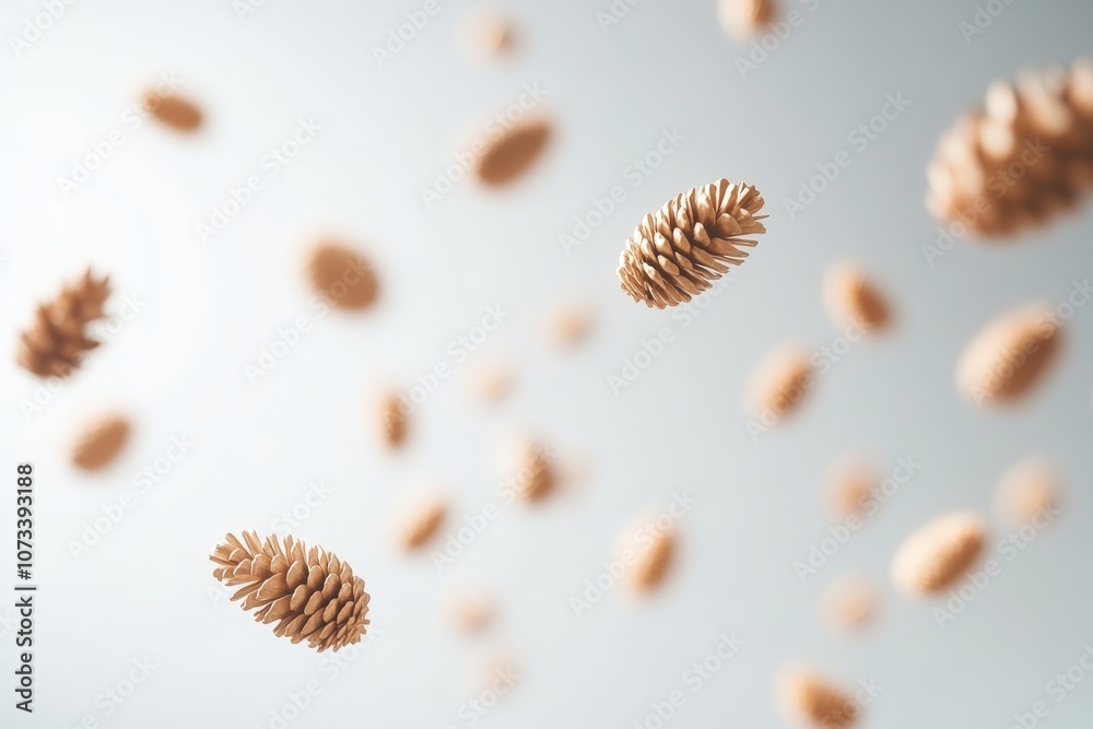 Obraz premium Floating pine seeds scattered on a light background evoking a minimalistic and abstract representation of natures seasonal elements