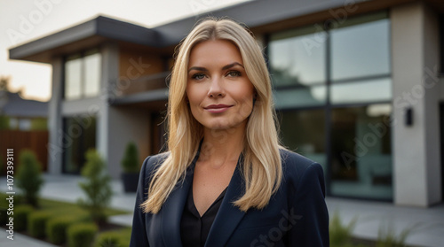 Portrait of confident woman, owner or real estate agent, in front of modern property	 photo