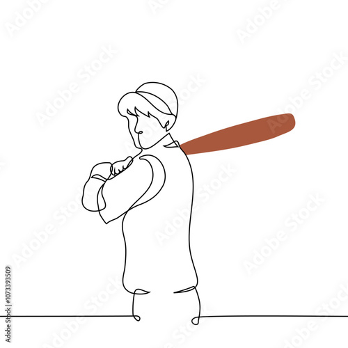 male baseball player in cap swinging bat behind back - one line art vector