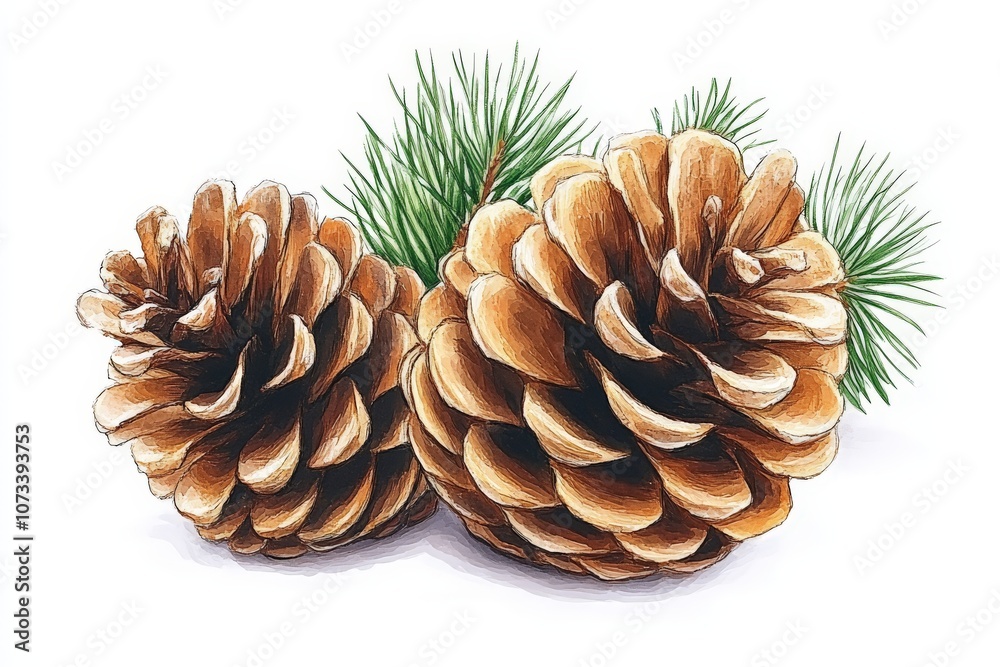 Cluster of two large pinecones with fresh fir sprigs arranged on a white background illustrating simplicity and natural holiday elegance Cluster of two large pinecones with fresh fir sprigs arranged on a white background illustrating simplicity and natural holiday elegance