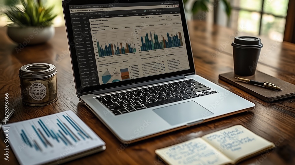 Obraz premium Detailed Analysis of Business Data on a Laptop Displayed on a Wooden Table, Featuring Analytics Graphs, Notebooks, Coffee, and Plant Decor in a Bright Environment