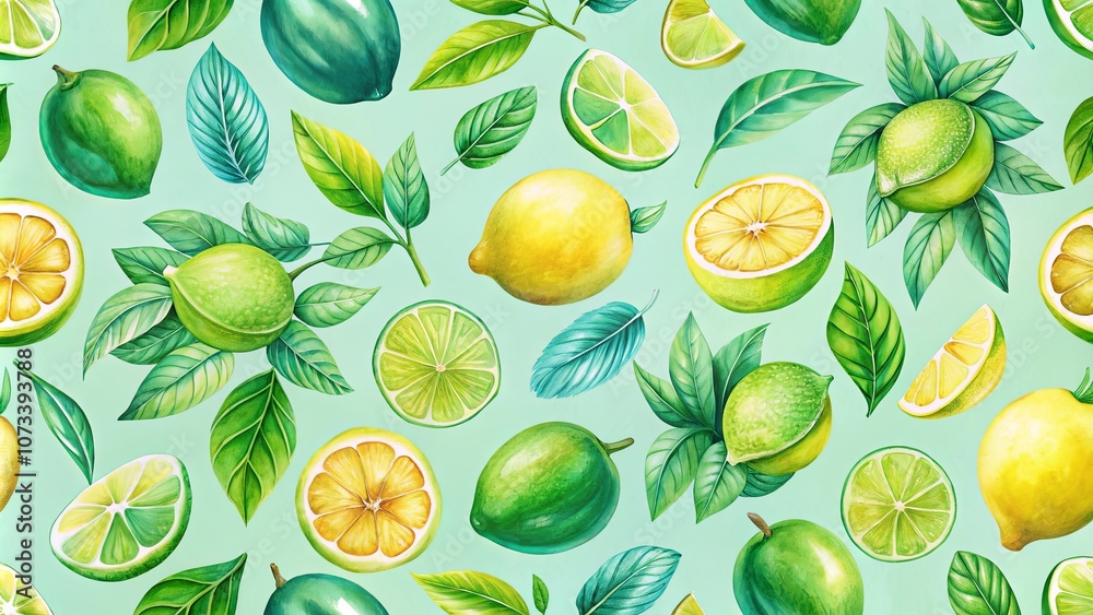A Vibrant Watercolor Pattern of Limes and Lemons with Lush Green Leaves, Featuring Whole Fruits, Sliced Citrus, and Detailed Foliage, Set Against a Light Blue Background A Vibrant Watercolor Pattern of Limes and Lemons with Lush Green Leaves, Featuring Whole Fruits, Sliced Citrus, and Detailed Foliage, Set Against a Light Blue Background