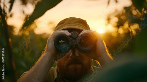 Jungle explorer in awe, wearing an Indian-style outfit and peeking through binoculars – Representing adventure, exploration, and the fascination with wildlife in a lush, natural environment photo