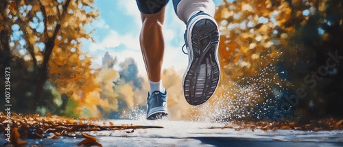 Illustrate a realistic oil painting of a focused jogger in action from a low angle, highlighting the dedication and power of the human body