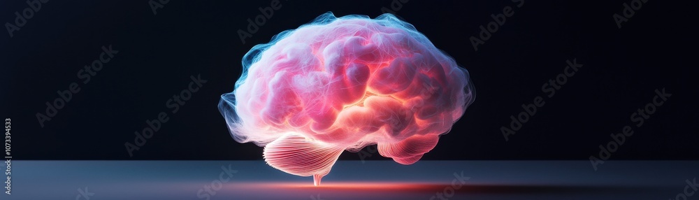 A futuristic representation of a brain, bathed in vibrant pink and blue hues, symbolizing creativity and intelligence against a dark background. A futuristic representation of a brain, bathed in vibrant pink and blue hues, symbolizing creativity and intelligence against a dark background.